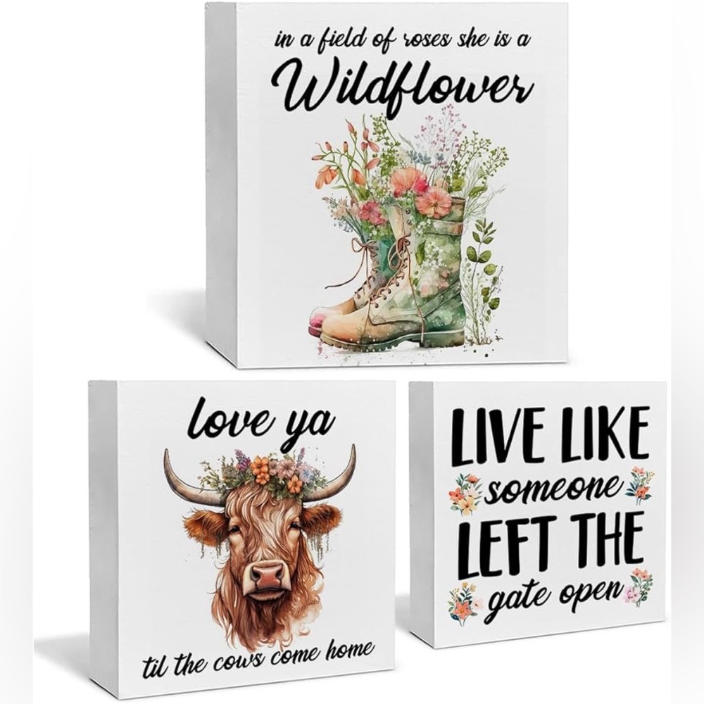 3 Pcs Wood Box Signs Decor for Home Farmhouse Highland Cow Tiered combo NEW